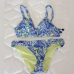 Adore Me swimsuit neon yellow blue flower print -reversible